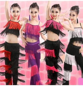 Purple white black fuchsia red black patchwork fringes girls kids children gymnastics competition professional latin dance outfits costumes sets dresses
